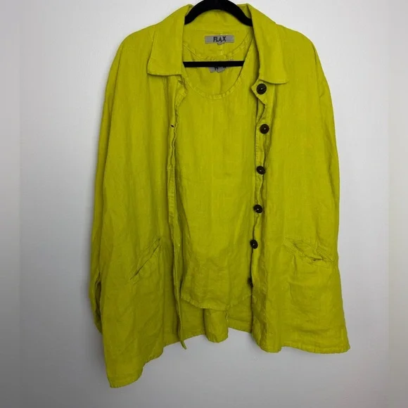 FLAX 100% linen 2 piece set Lagenlook cardigan and tank sz L maximalist layering - Picture 1 of 7